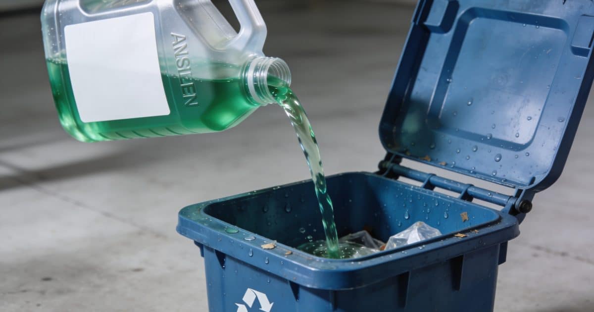 Bidon d'antigel versé dans bac de recyclage ouvert.
