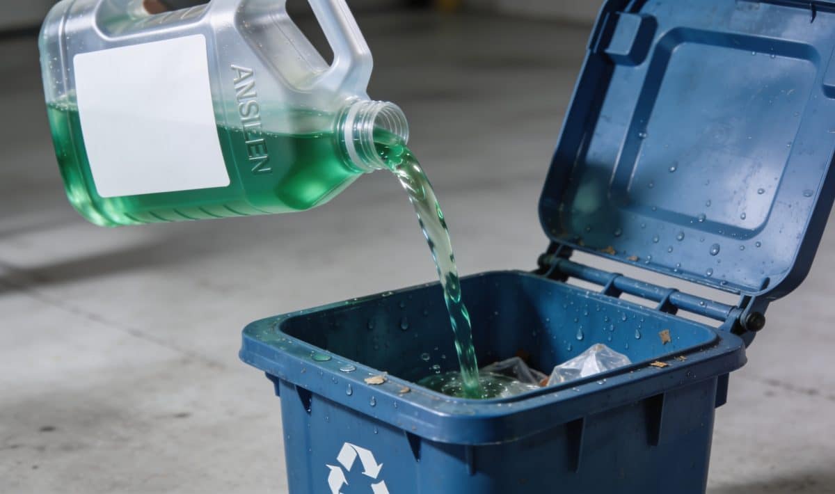 Bidon d'antigel versé dans bac de recyclage ouvert.