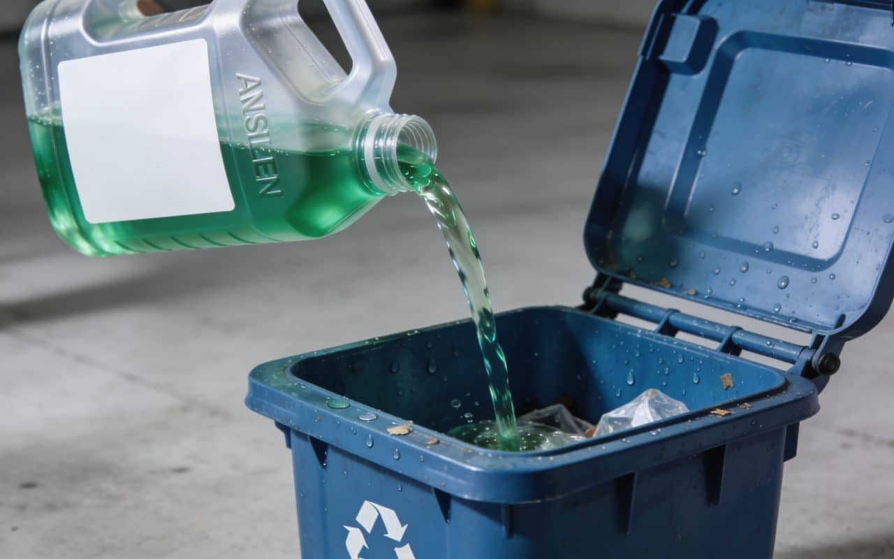 Bidon d'antigel versé dans bac de recyclage ouvert.