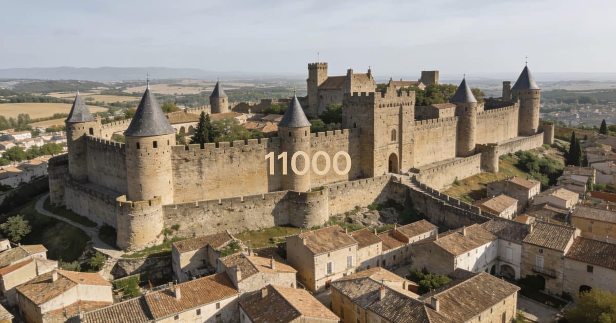 Une vue aérienne de Carcassonne avec un code postal en surimpression.