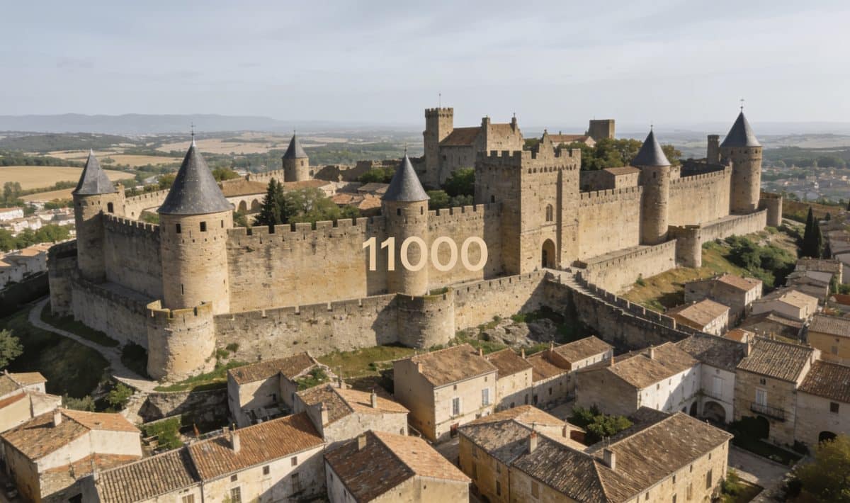 Une vue aérienne de Carcassonne avec un code postal en surimpression.