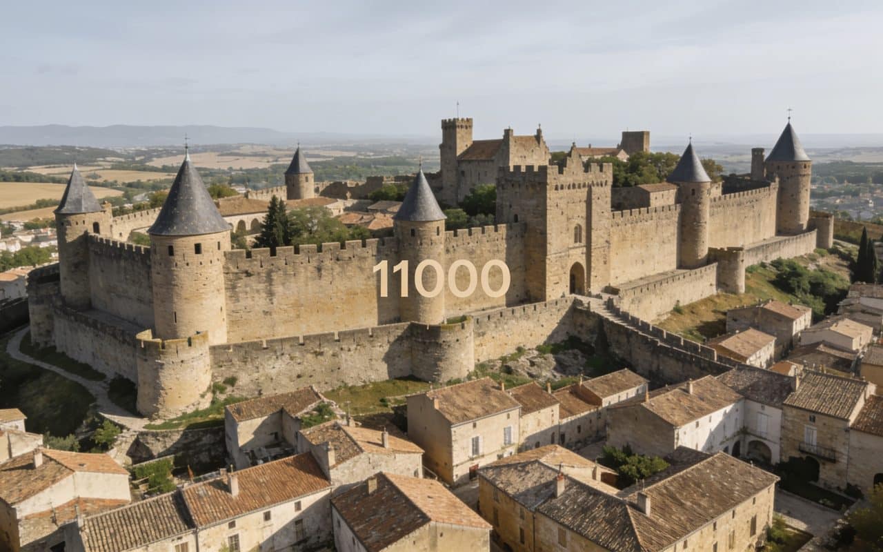 Une vue aérienne de Carcassonne avec un code postal en surimpression.