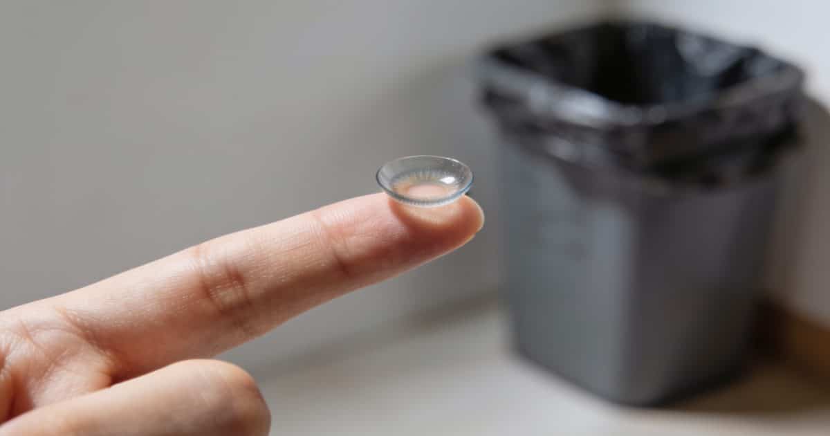 Lentilles de contact posees sur doigt tendu vers poubelle