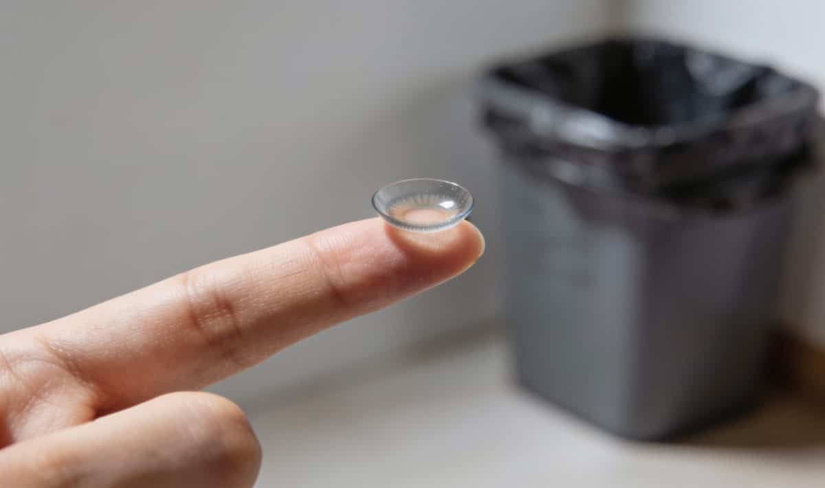 Lentilles de contact posees sur doigt tendu vers poubelle