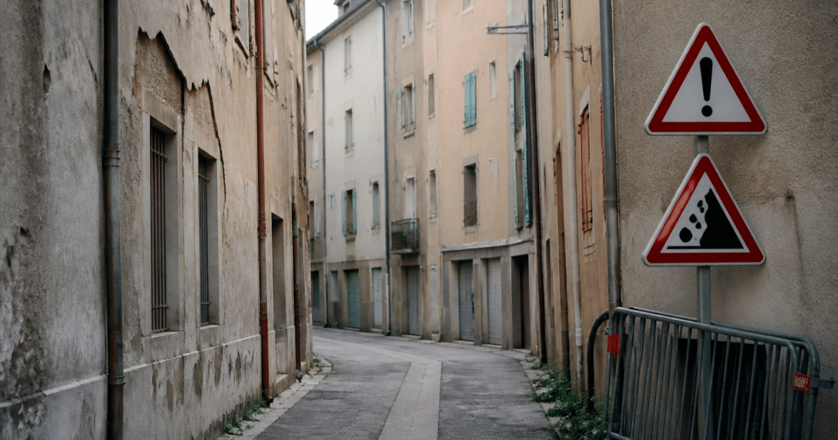 Rues desertes de Gap avec facades delabrees et panneaux avertisseurs visibles.