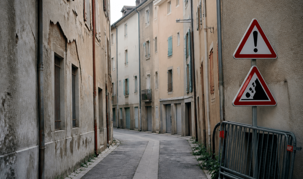 Rues desertes de Gap avec facades delabrees et panneaux avertisseurs visibles.