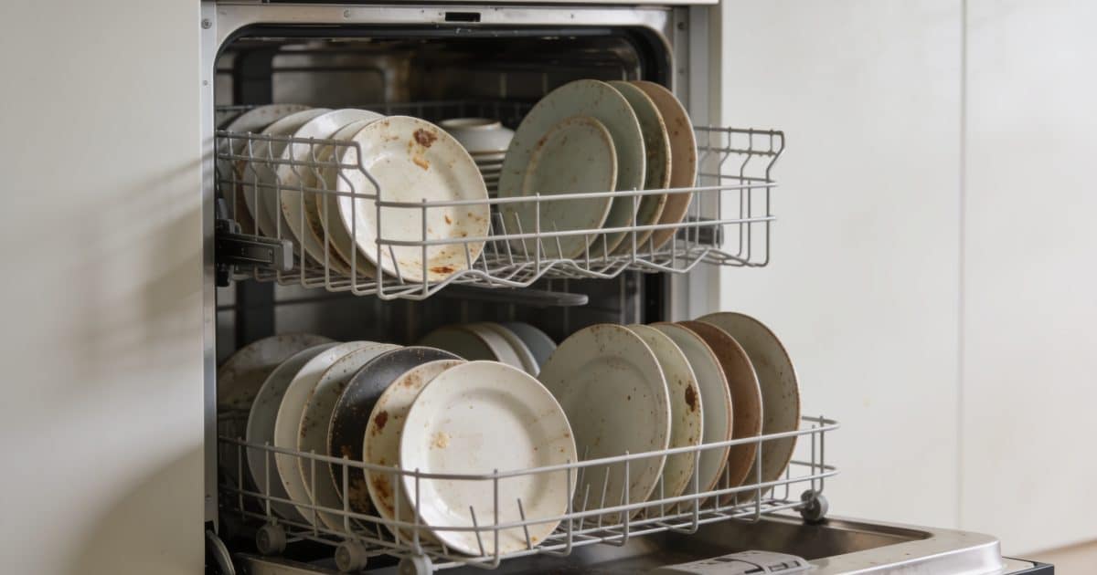 Lave-vaisselle ouvert montrant l'interieur plein d'assiettes sales