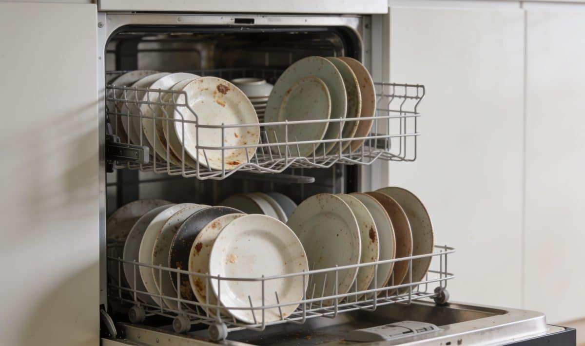 Lave-vaisselle ouvert montrant l'interieur plein d'assiettes sales