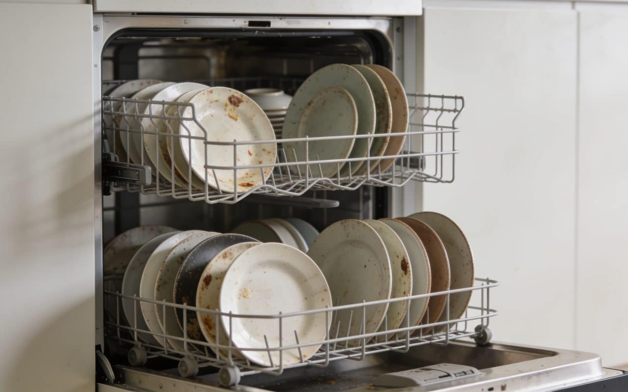 Lave-vaisselle ouvert montrant l'interieur plein d'assiettes sales