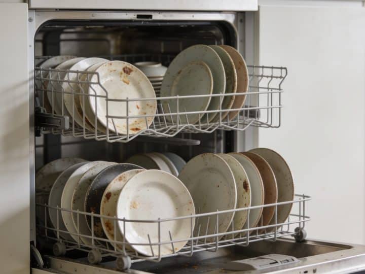 Lave-vaisselle ouvert montrant l'interieur plein d'assiettes sales