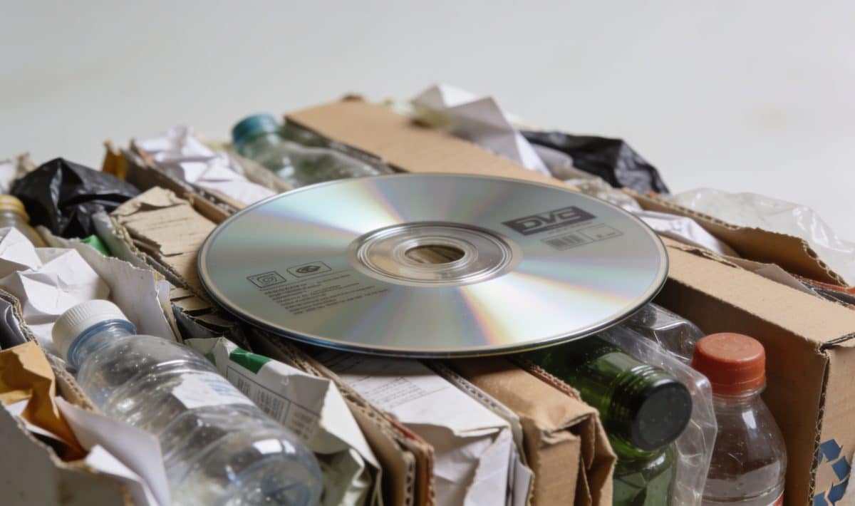 Disque DVD posé sur pile de dechets recyclables
