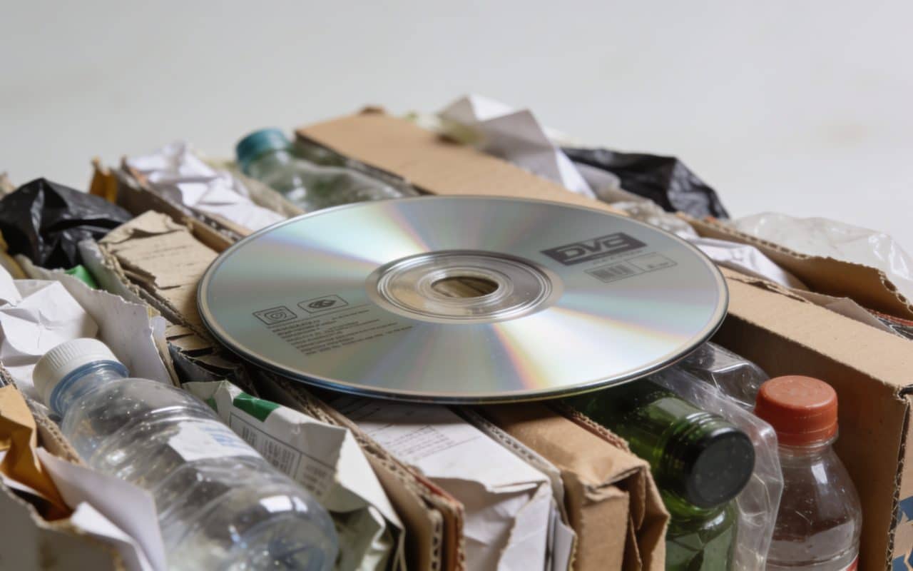 Disque DVD posé sur pile de dechets recyclables