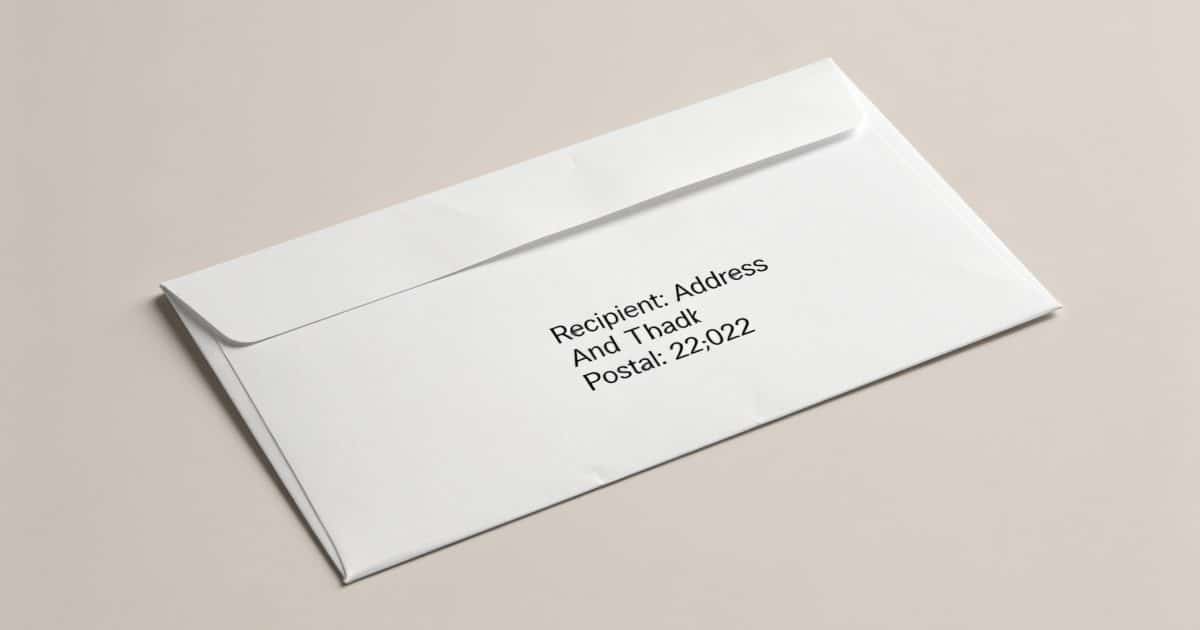 Enveloppe avec adresse et code postal imprime clairement.
