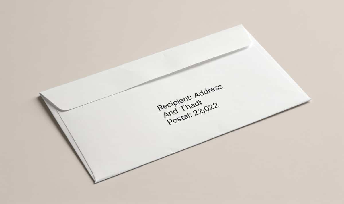 Enveloppe avec adresse et code postal imprime clairement.