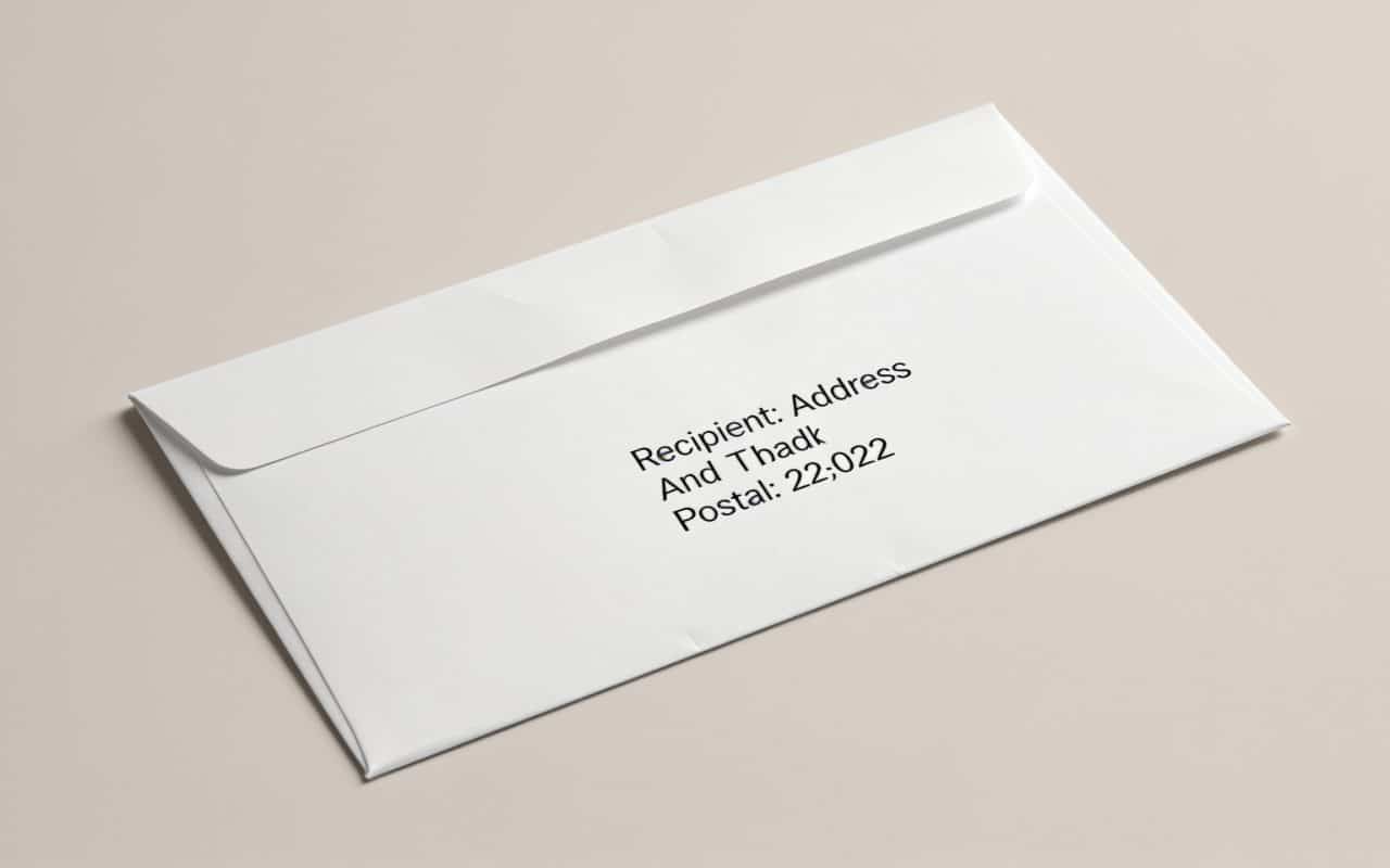 Enveloppe avec adresse et code postal imprime clairement.