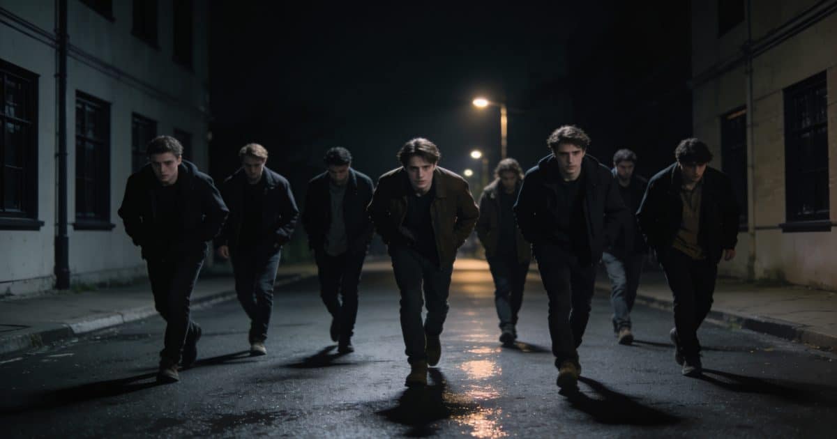 Un groupe de personnes marchant prudemment dans une rue sombre.
