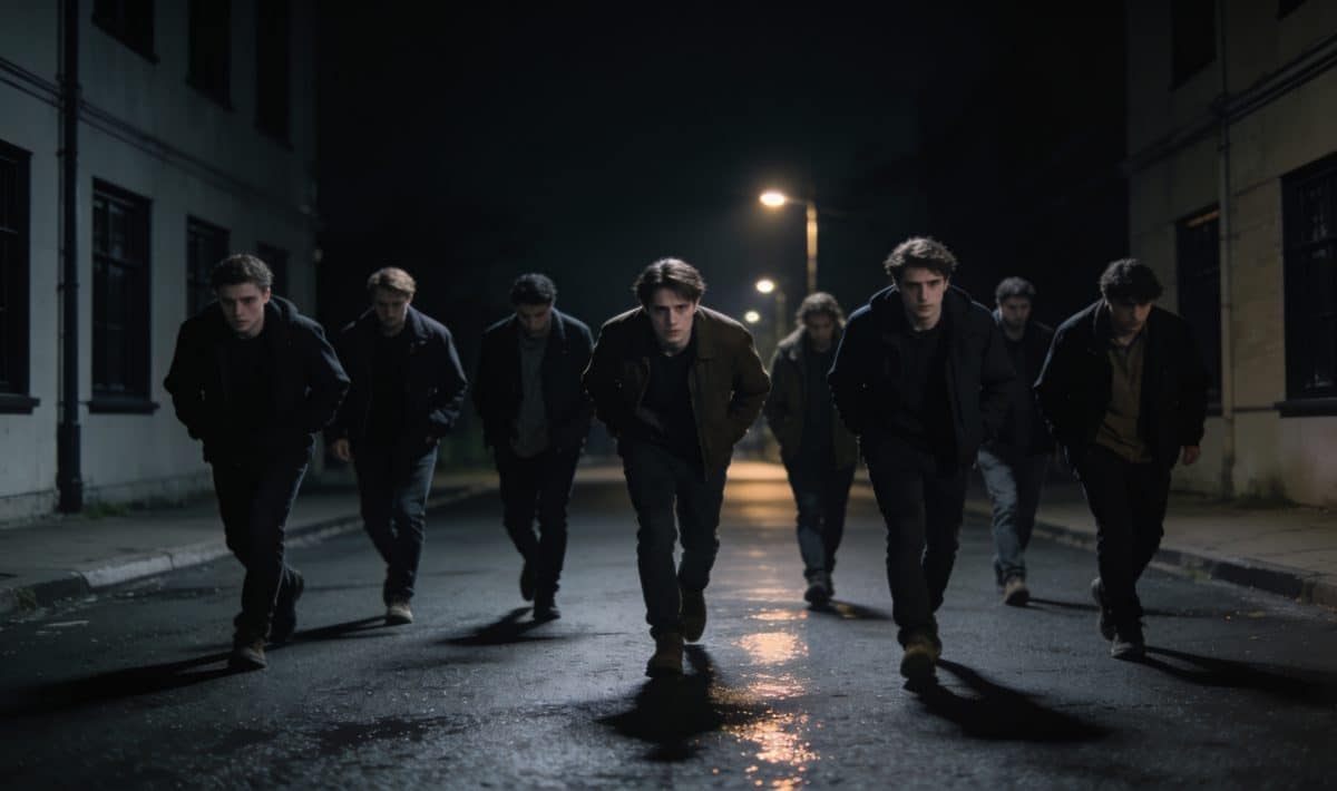 Un groupe de personnes marchant prudemment dans une rue sombre.