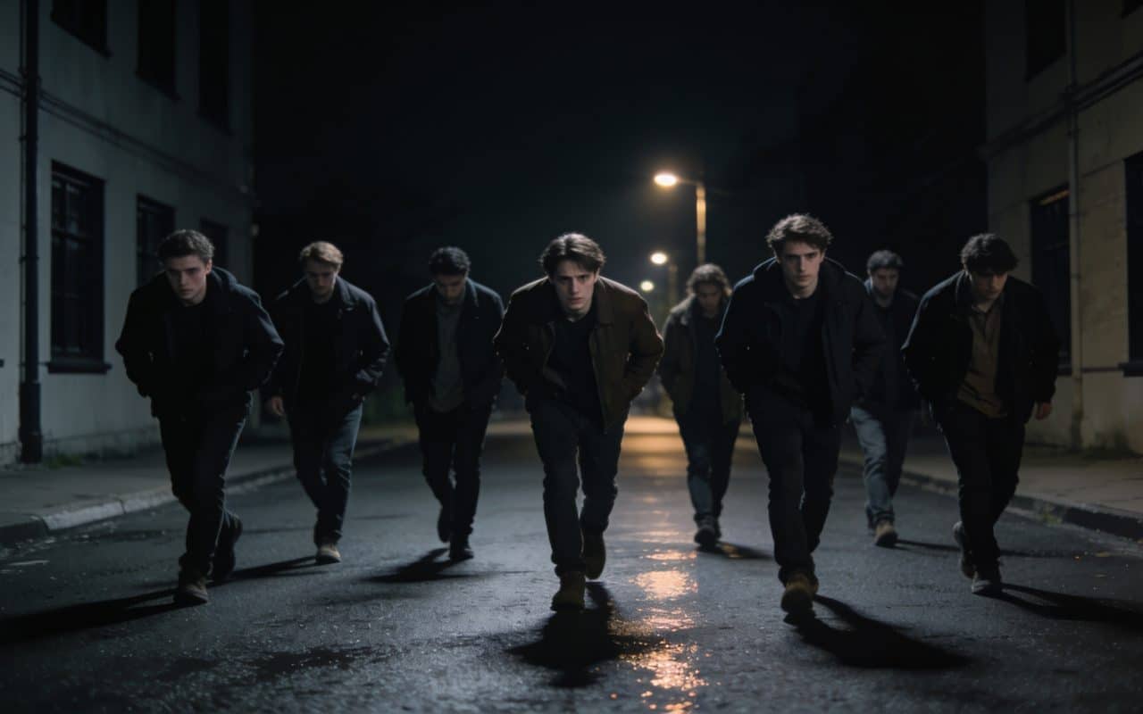 Un groupe de personnes marchant prudemment dans une rue sombre.