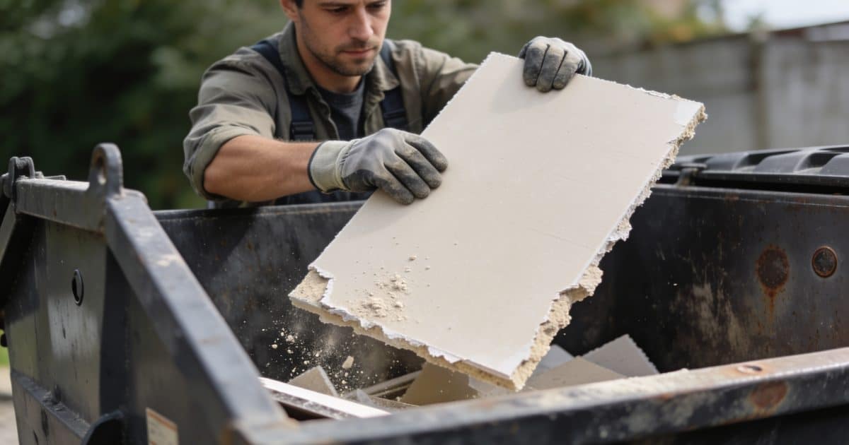 Homme deposant une plaque de platre dans benne dechets