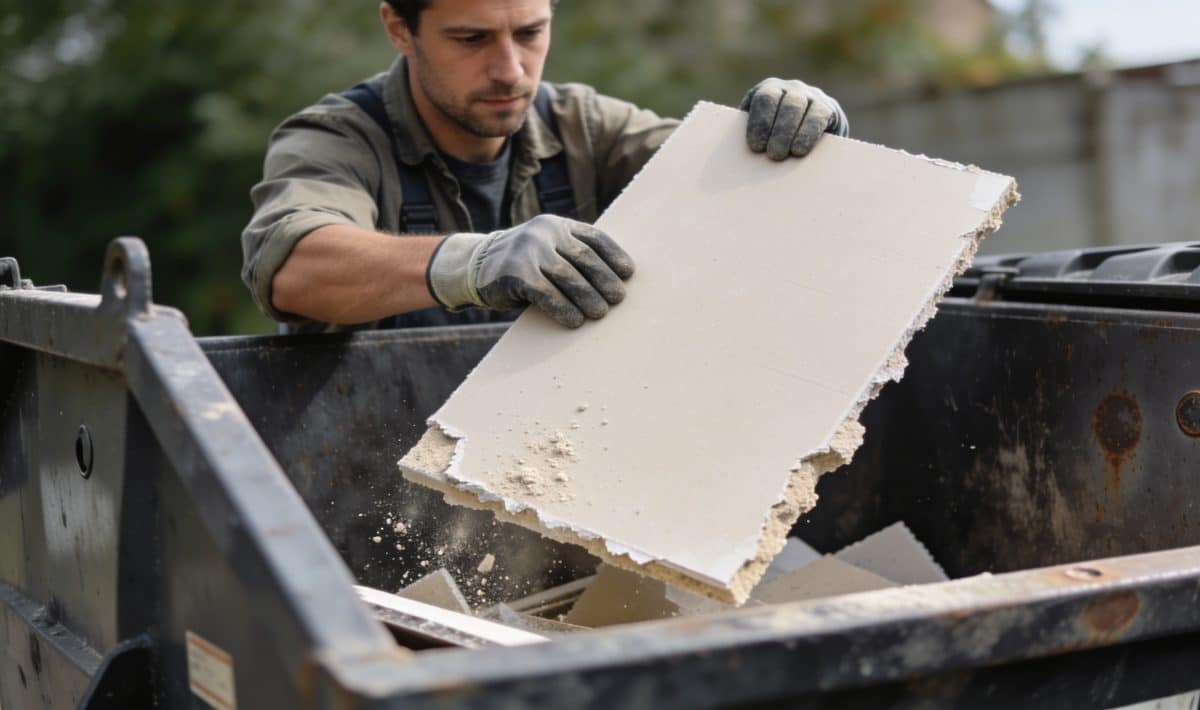 Homme deposant une plaque de platre dans benne dechets