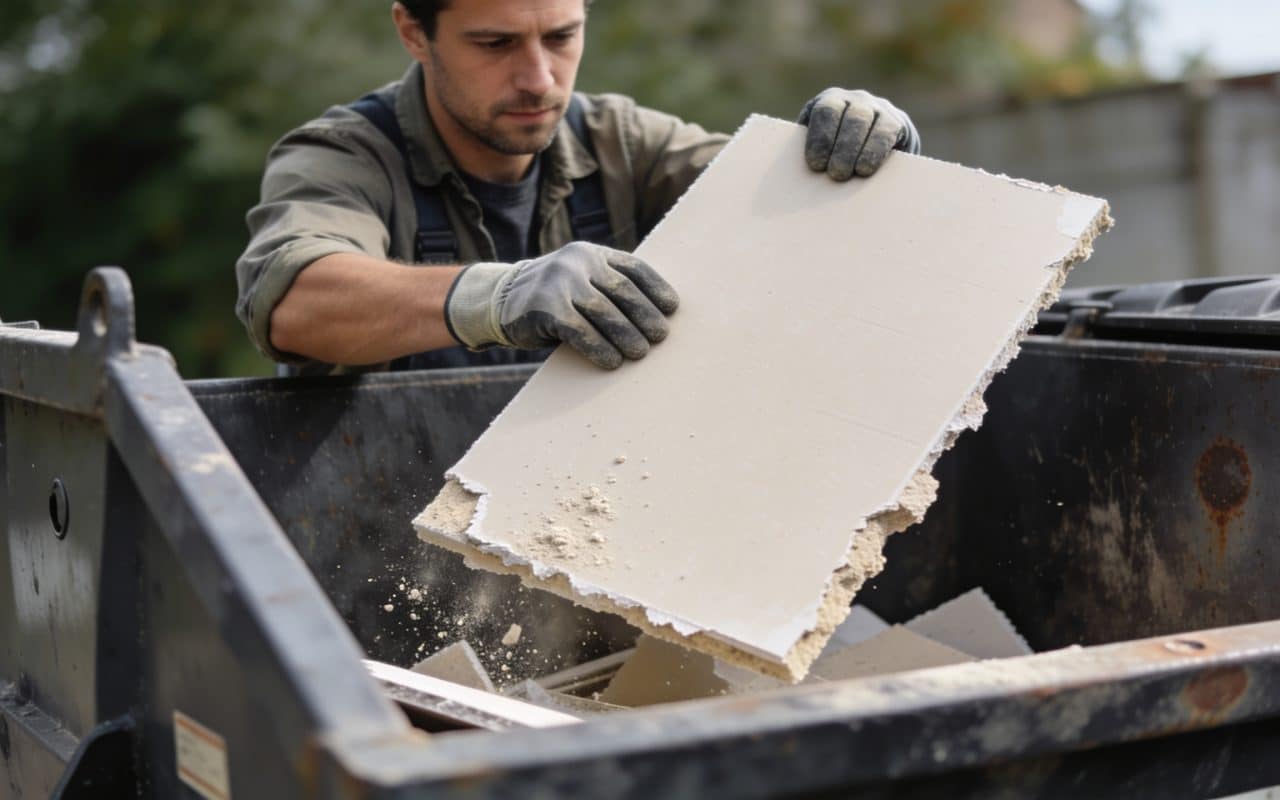 Homme deposant une plaque de platre dans benne dechets