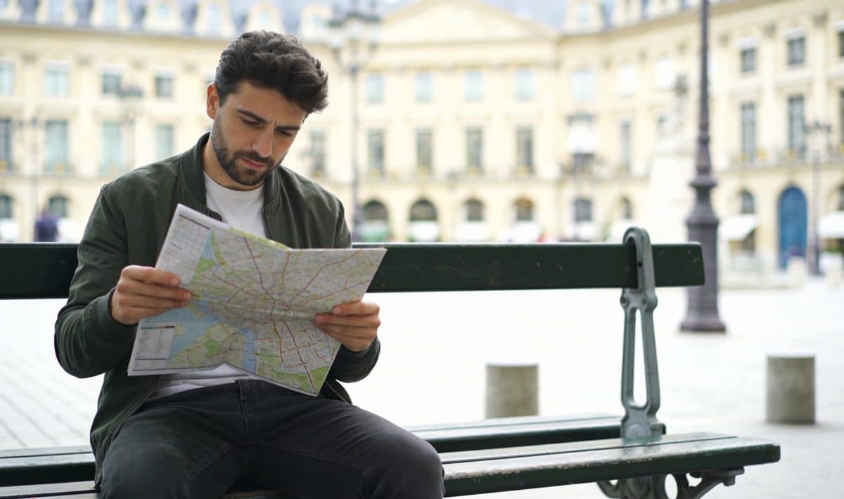 Homme regardant une carte sur un banc parisien