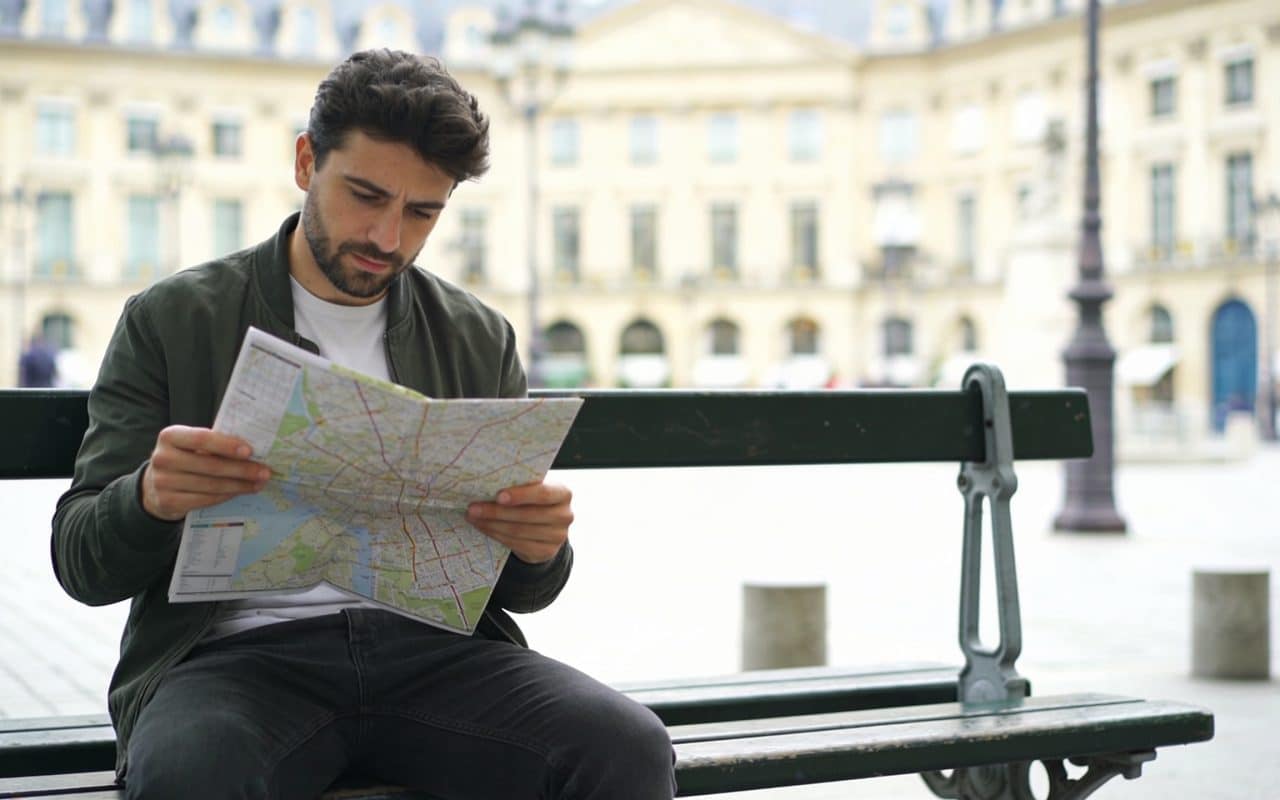 Homme regardant une carte sur un banc parisien