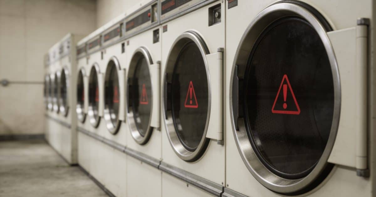 Machines à laver alignées avec symboles d'avertissement rouges