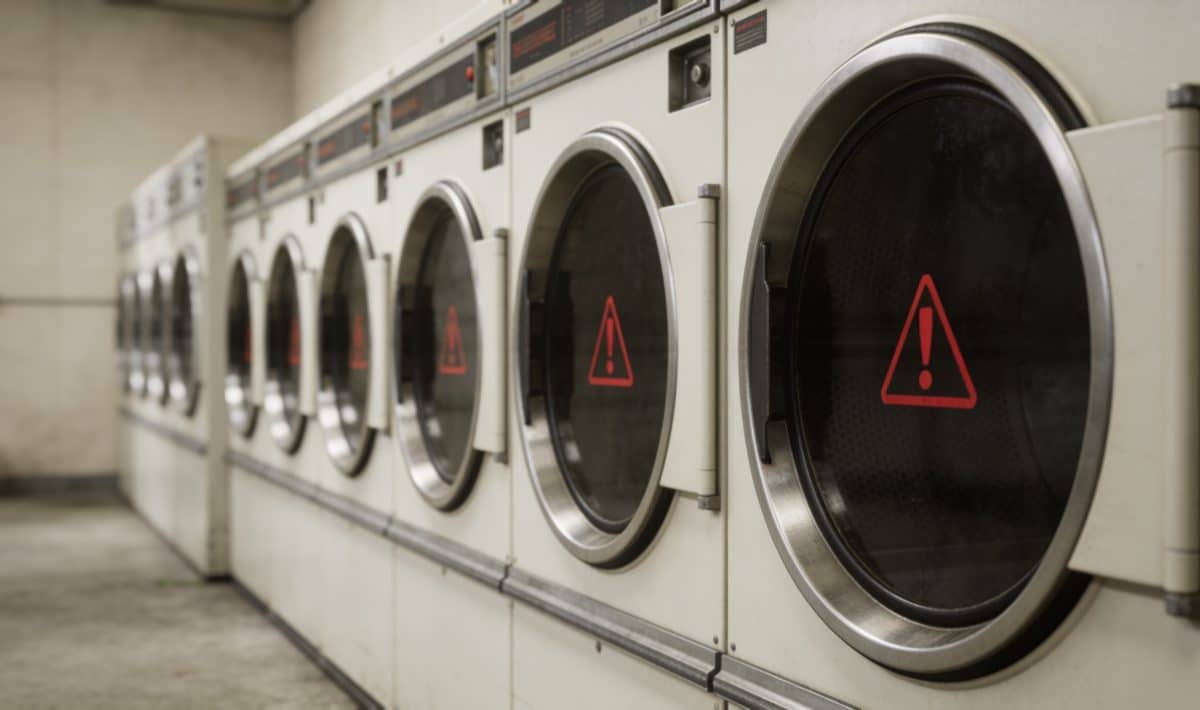Machines à laver alignées avec symboles d'avertissement rouges