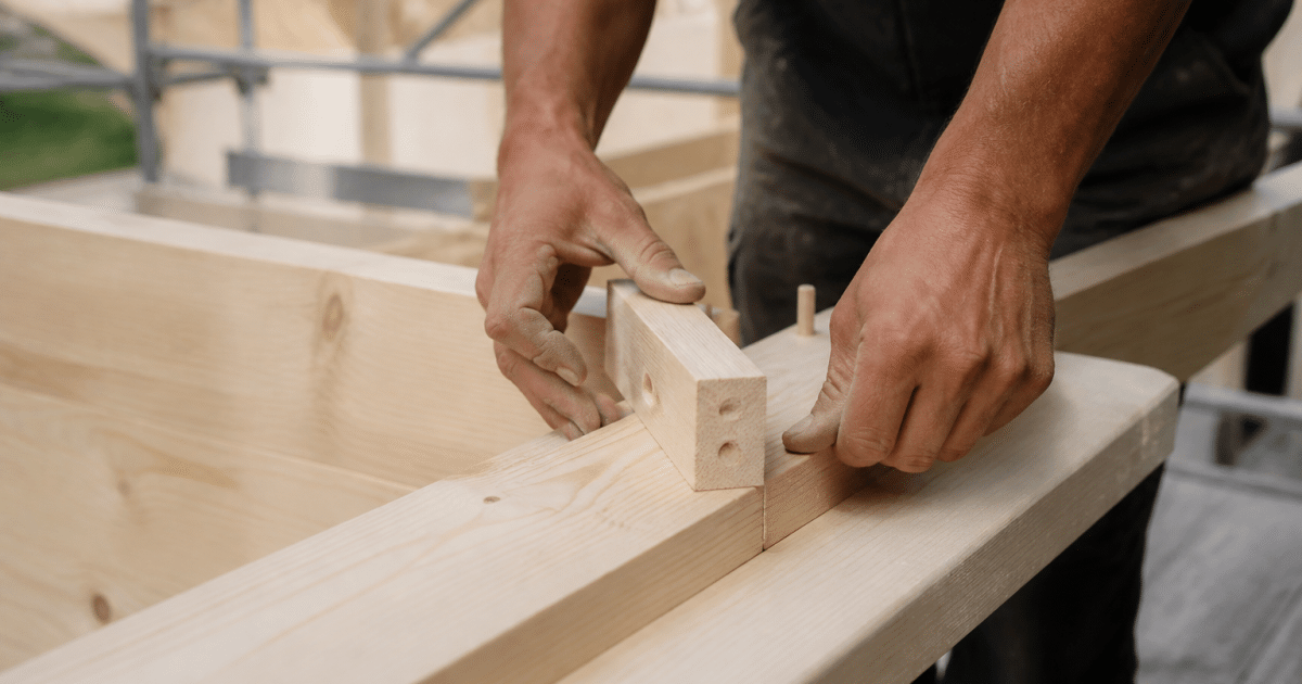 Mains construisant une structure de bois lamellée.