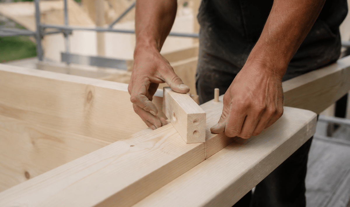 Mains construisant une structure de bois lamellée.