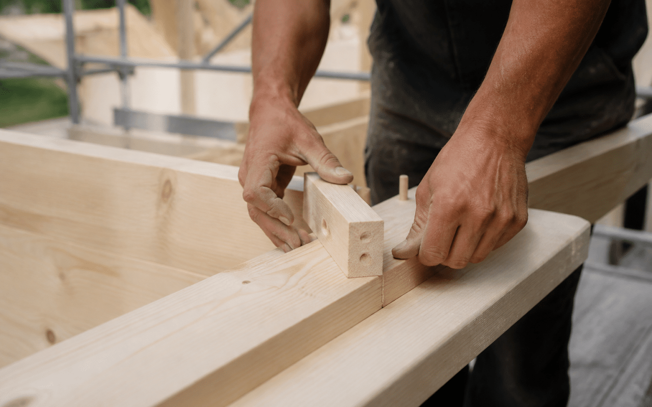 Mains construisant une structure de bois lamellée.