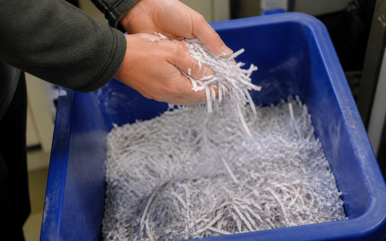 Mains versant papier déchiqueté dans bac recyclage bleu