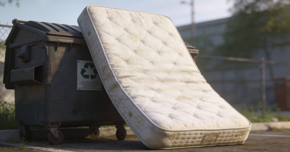 Matelas appuye contre conteneur de recyclage exterieur