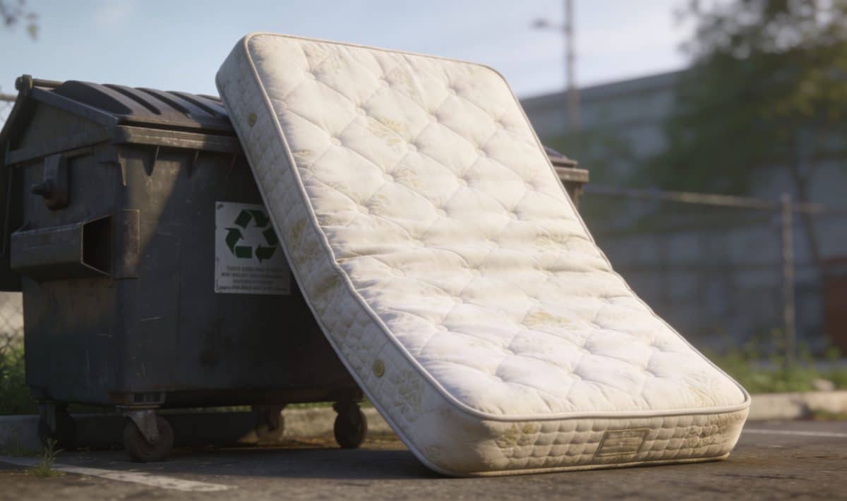 Matelas appuye contre conteneur de recyclage exterieur