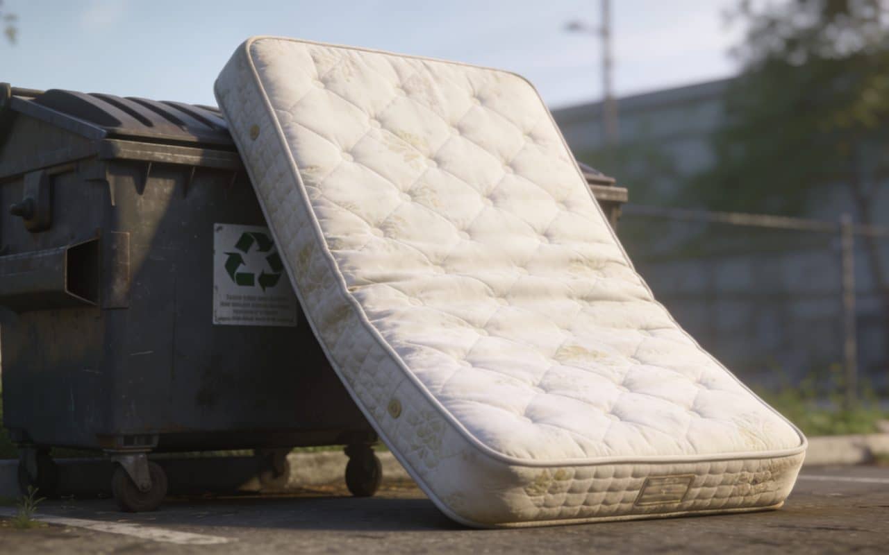 Matelas appuye contre conteneur de recyclage exterieur