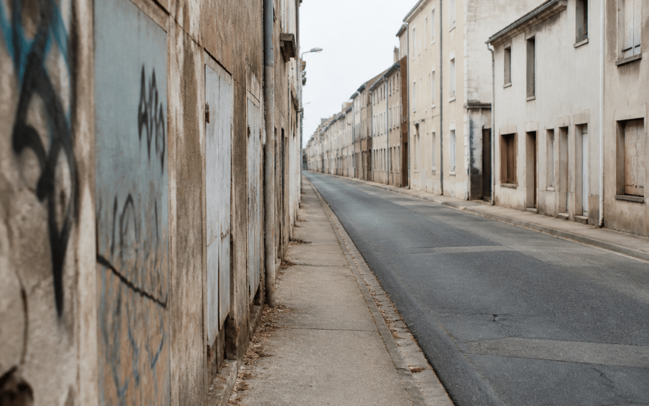 Rue vide de Montluçon avec immeubles délabres et graffitis.