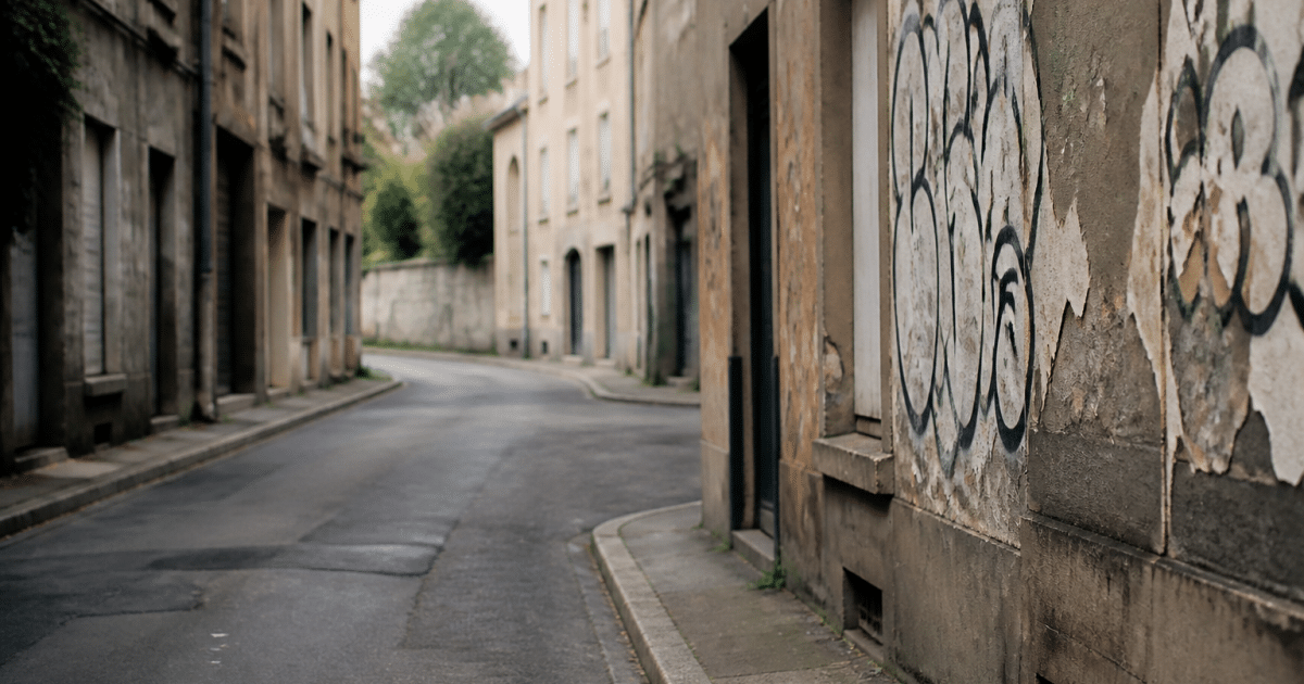 Rues desertes de Nancy avec facades degradees et graffitis.