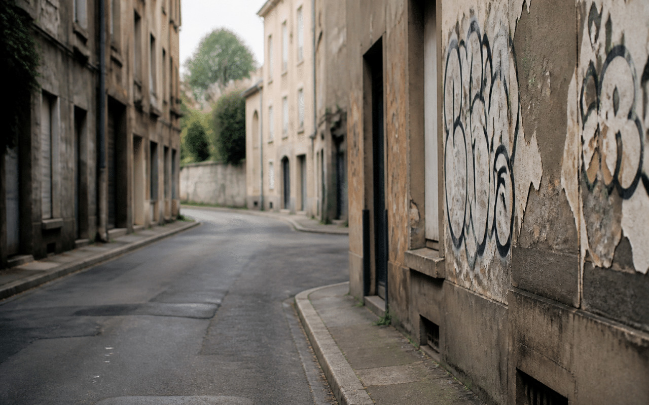 Rues desertes de Nancy avec facades degradees et graffitis.