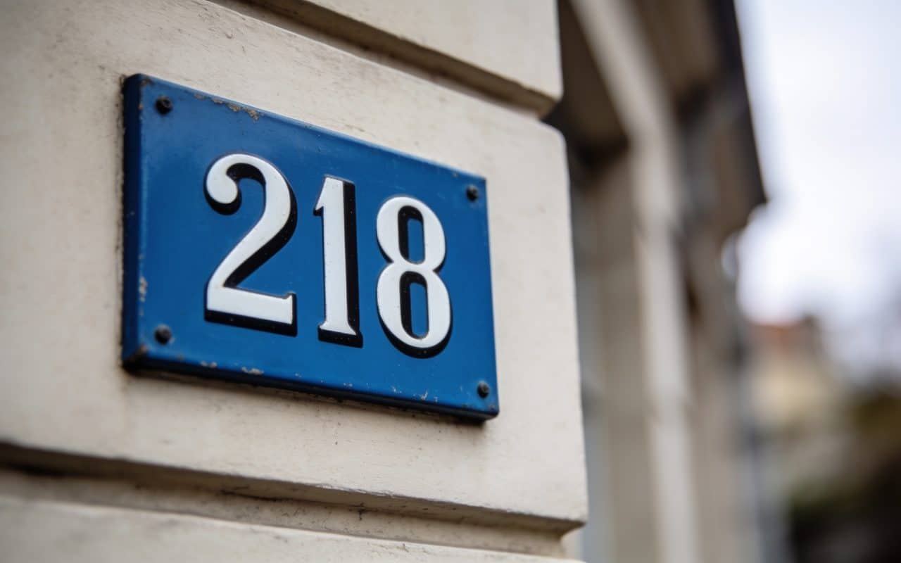 Panneau bleu avec numéro postal affichés sur façade.