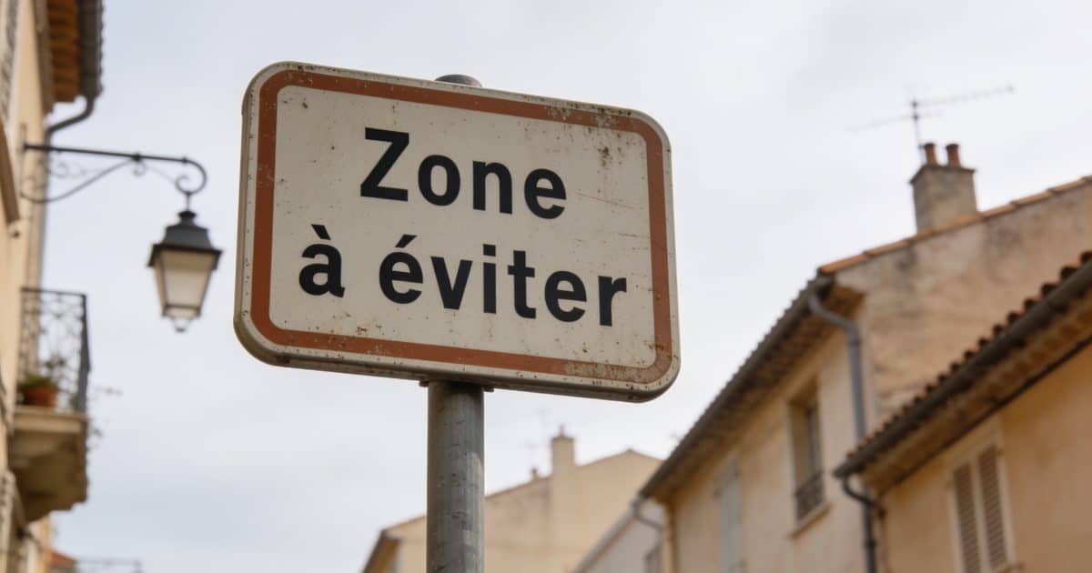 Photographie d'un panneau "Zone à éviter" dans un quartier d'Antibes