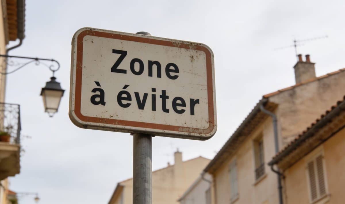 Photographie d'un panneau "Zone à éviter" dans un quartier d'Antibes