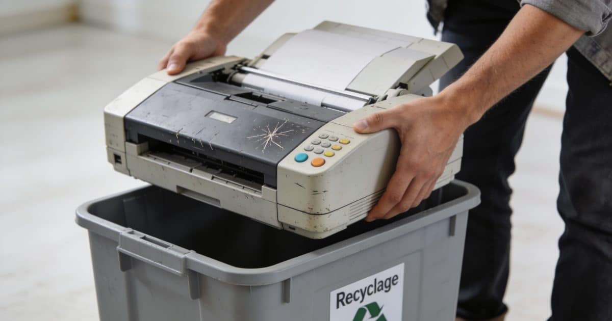 Personne deposant une vieille imprimante dans un bac recyclage.