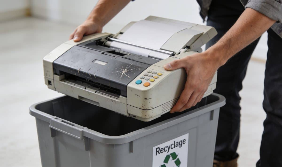 Personne deposant une vieille imprimante dans un bac recyclage.