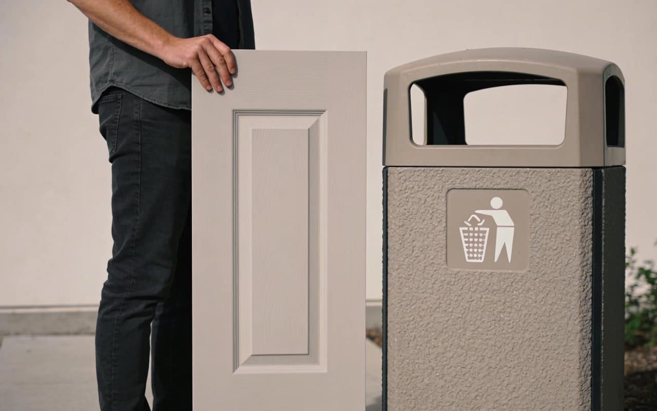 Personne tenant une porte verticale près conteneur recyclage