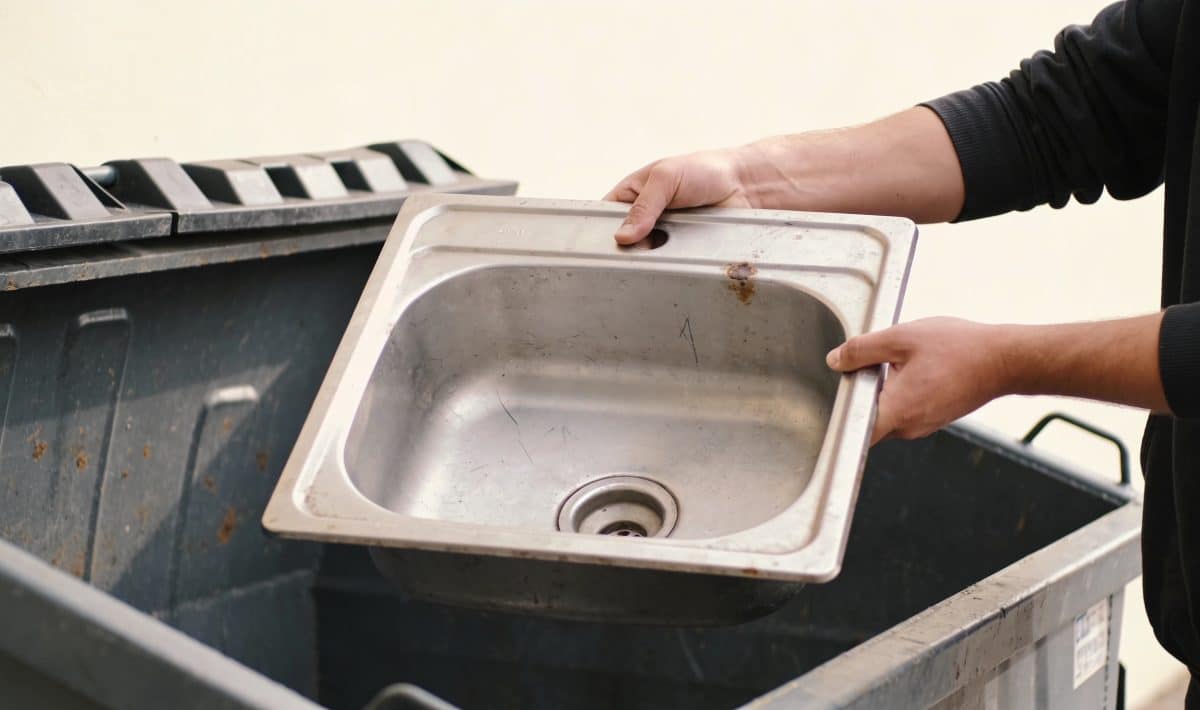 Personne tenant un vieux lavabo metallique au-dessus d'une benne.