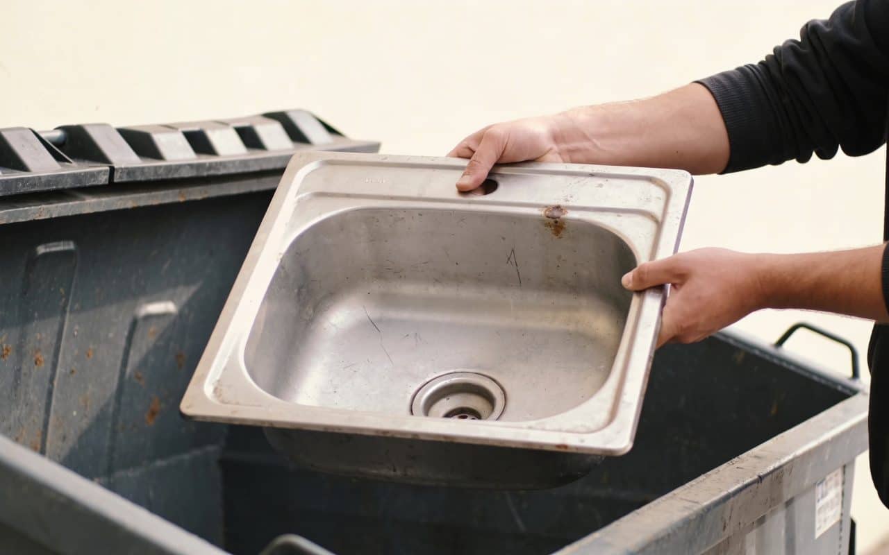 Personne tenant un vieux lavabo metallique au-dessus d'une benne.