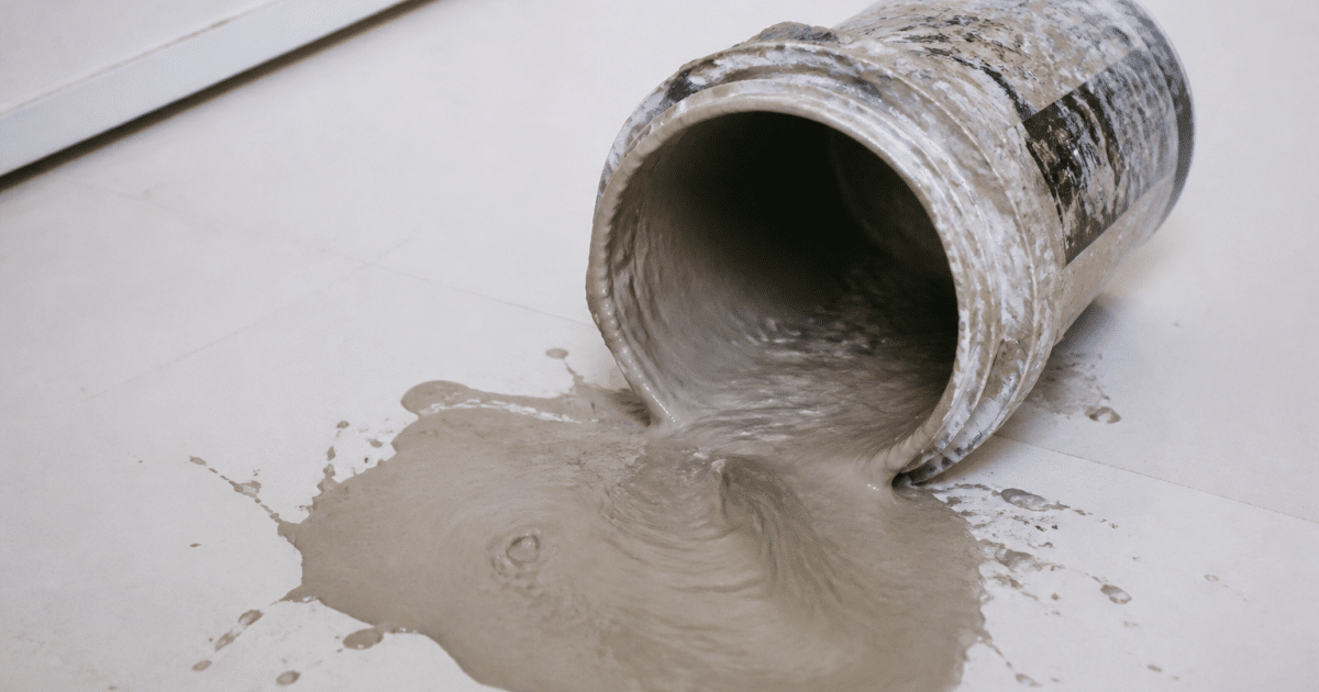 Pot de peinture durcie renversé sur surface blanche.
