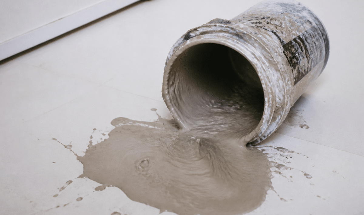Pot de peinture durcie renversé sur surface blanche.