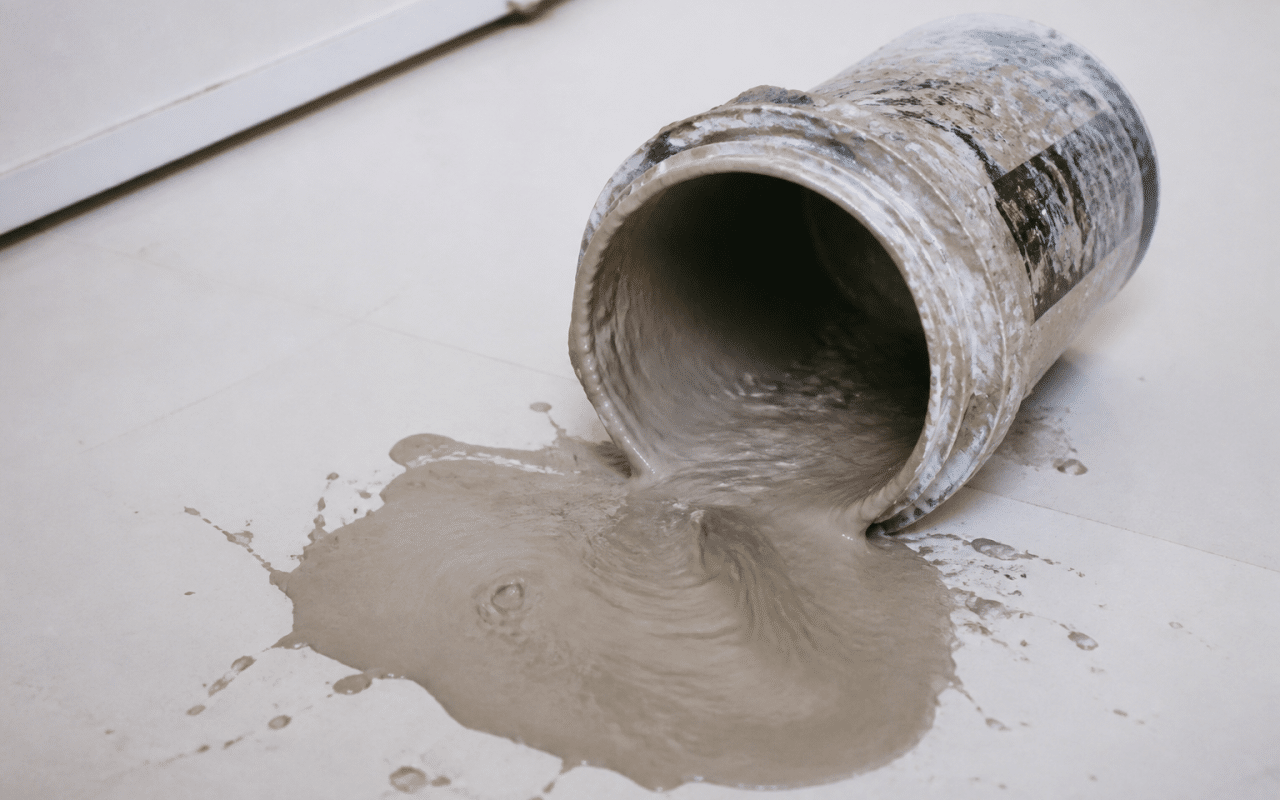 Pot de peinture durcie renversé sur surface blanche.